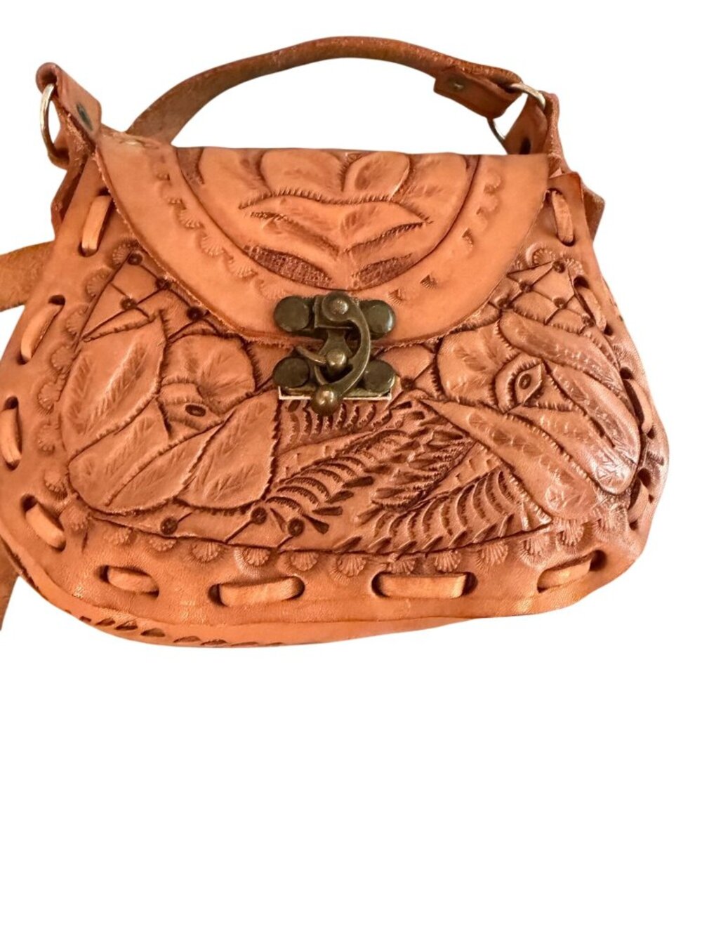 Vintage Womens Hand-tooled Flap Front Bag Size Small Leather Tan Mexico New